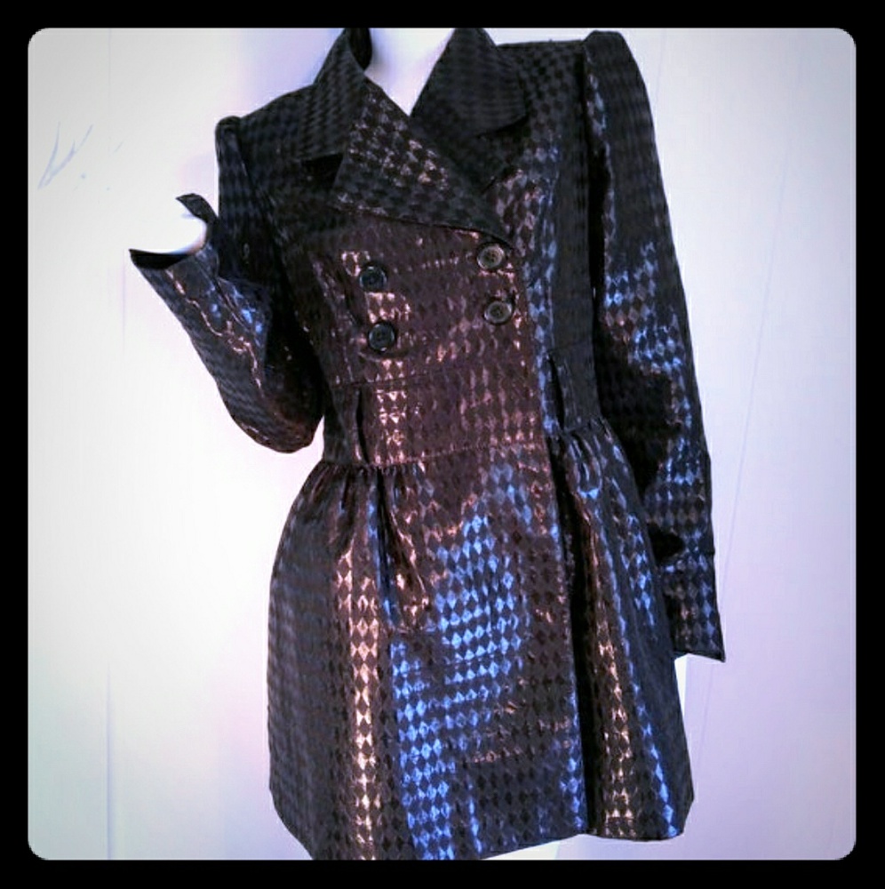 Black harlequin print double breasted flared coat